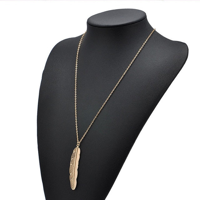 Women Vintage Long Necklace Jewelry Simple Feather Pendant Necklaces-Necklaces-Arimonz-Gold-Arimonz
