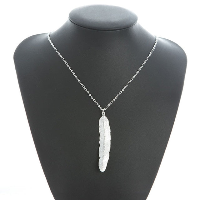 Women Vintage Long Necklace Jewelry Simple Feather Pendant Necklaces-Necklaces-Arimonz-Silver-Arimonz