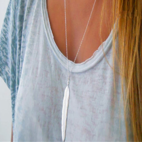 Women Vintage Long Necklace Jewelry Simple Feather Pendant Necklaces-Necklaces-Arimonz-Arimonz