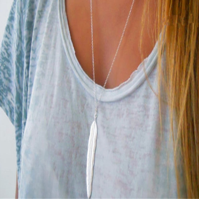 Women Vintage Long Necklace Jewelry Simple Feather Pendant Necklaces-Necklaces-Arimonz-Arimonz