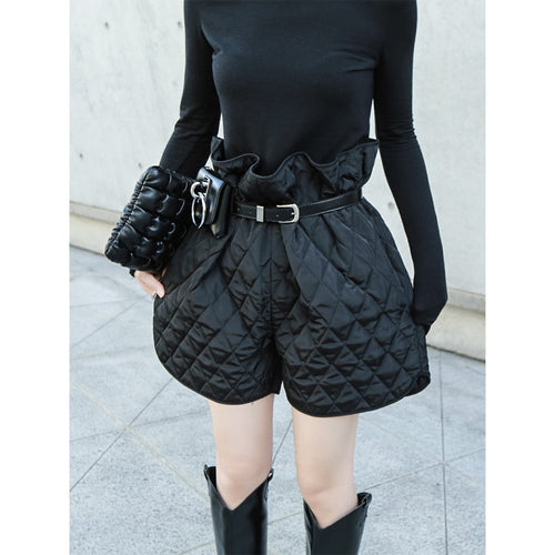 Women Warm Lining Bandage High Waist Vintage Black with Belt Shorts-Shorts-Arimonz-Arimonz