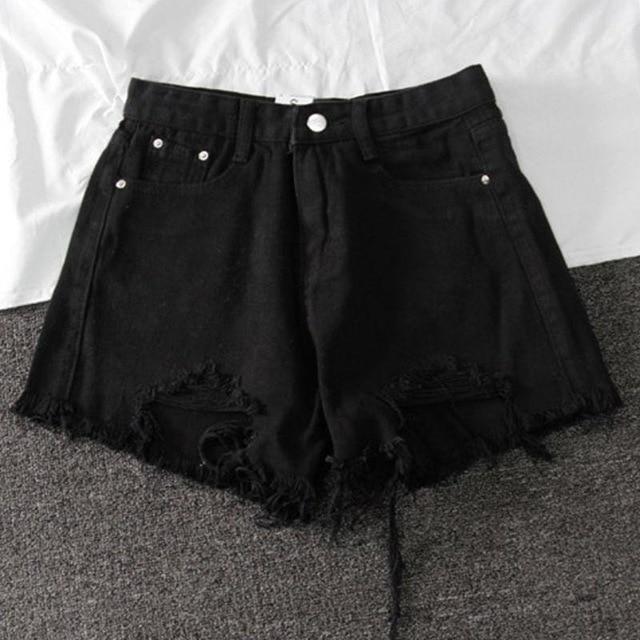 Women Wide Leg Hole Denim Shorts Casual Jeans Shorts Casual Shorts-Denim Shorts-Arimonz-Black-S-Arimonz
