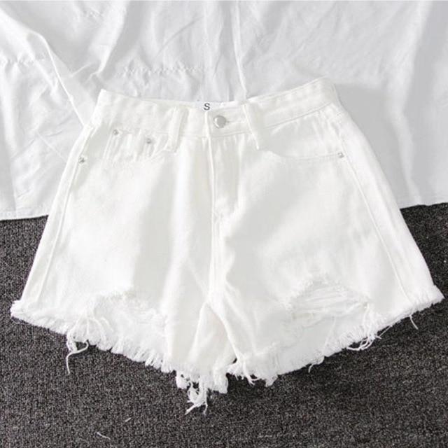 Women Wide Leg Hole Denim Shorts Casual Jeans Shorts Casual Shorts-Denim Shorts-Arimonz-White-S-Arimonz