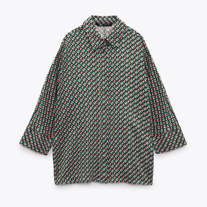 Women's Geometric Pattern Print Long-sleeved Button-down Shirt-Wear To Work Sets-Arimonz-Arimonz