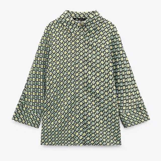 Women's Geometric Pattern Print Long-sleeved Button-down Shirt-Wear To Work Sets-Arimonz-blouse 1-XS-Arimonz