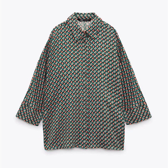 Women's Geometric Pattern Print Long-sleeved Button-down Shirt-Wear To Work Sets-Arimonz-blouse 2-XS-Arimonz