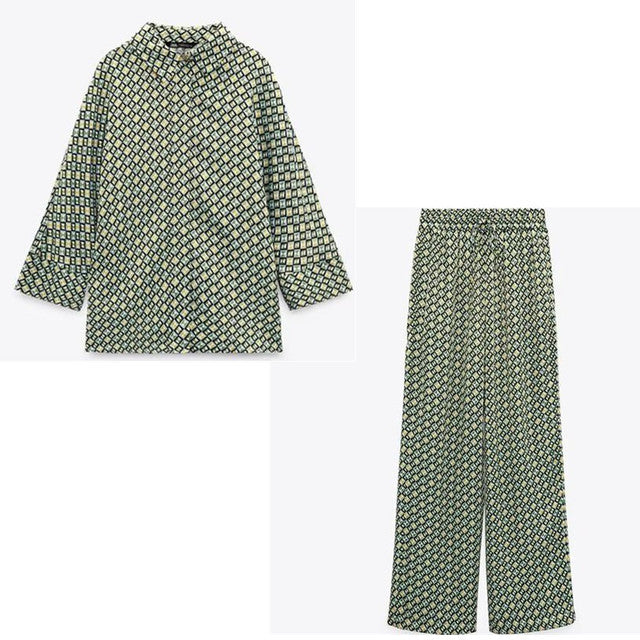 Women's Geometric Pattern Print Long-sleeved Button-down Shirt-Wear To Work Sets-Arimonz-two piece set 1-XS-Arimonz