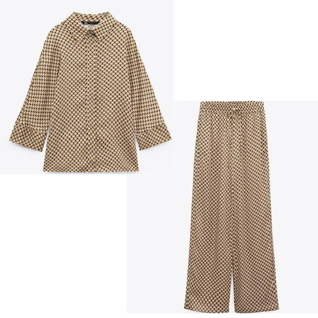 Women's Geometric Pattern Print Long-sleeved Button-down Shirt-Wear To Work Sets-Arimonz-two piece set 3-XS-Arimonz