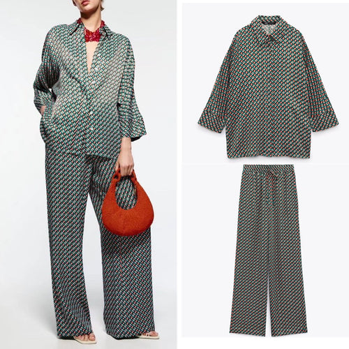 Women's Geometric Pattern Print Long-sleeved Button-down Shirt-Wear To Work Sets-Arimonz-Arimonz