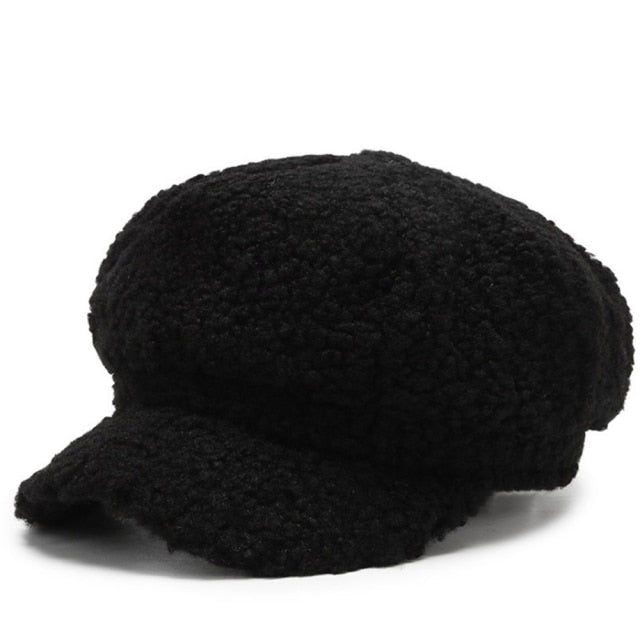 Women's Lamb Wool Baseball Cap Autumn and Winter Painter Cap-Women's Caps-Arimonz-Black-Arimonz