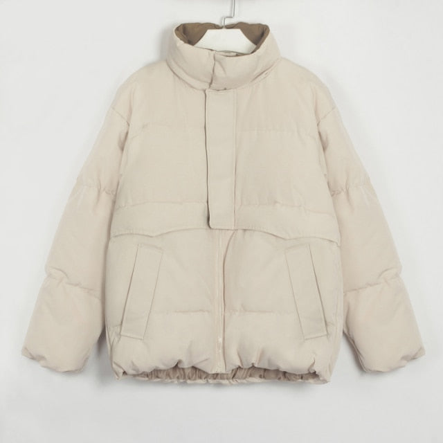 Womens Puffer Jacket Fashion Loose Patchwork Parka Solid Warm Outwear-Bomber Coats-Arimonz-Beige-S-Arimonz