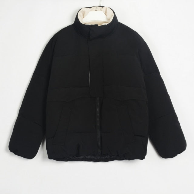Womens Puffer Jacket Fashion Loose Patchwork Parka Solid Warm Outwear-Bomber Coats-Arimonz-Black-S-Arimonz
