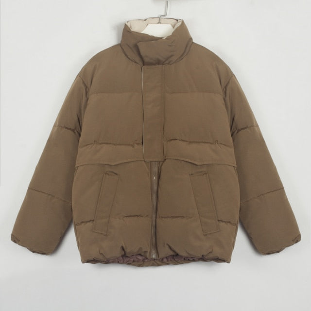 Womens Puffer Jacket Fashion Loose Patchwork Parka Solid Warm Outwear-Bomber Coats-Arimonz-khaki-S-Arimonz