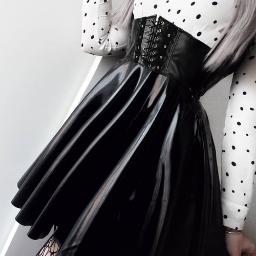 Women's Skirts Bandage Faux Leather Black Mini Pleated Skirts-Skirts-Arimonz-Arimonz