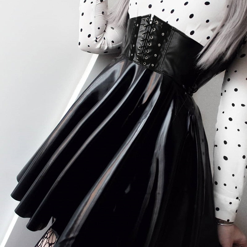 Women's Skirts Bandage Faux Leather Black Mini Pleated Skirts-Skirts-Arimonz-Arimonz