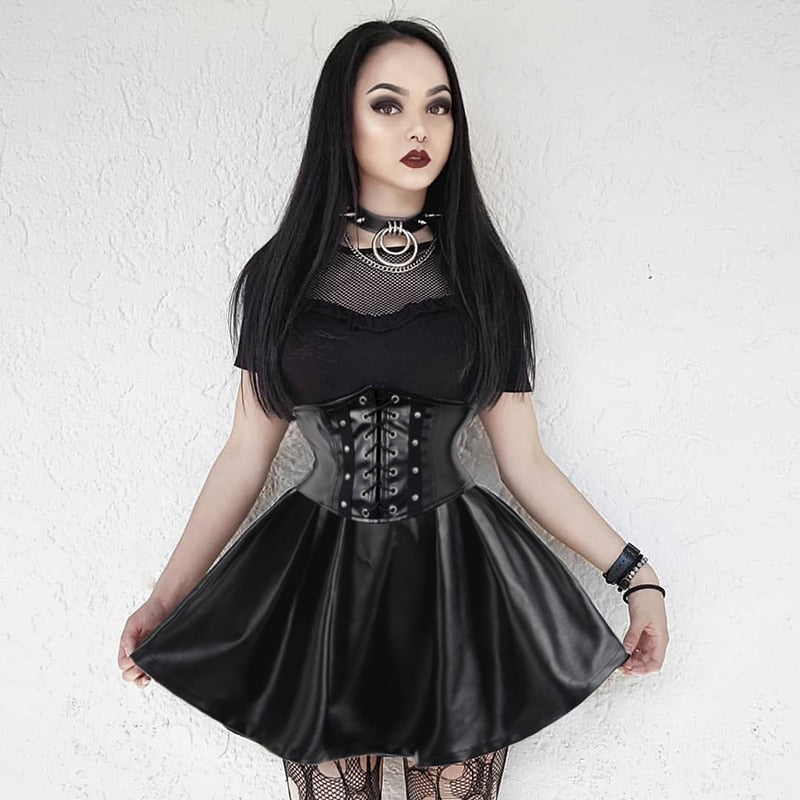 Women's Skirts Bandage Faux Leather Black Mini Pleated Skirts-Skirts-Arimonz-Arimonz