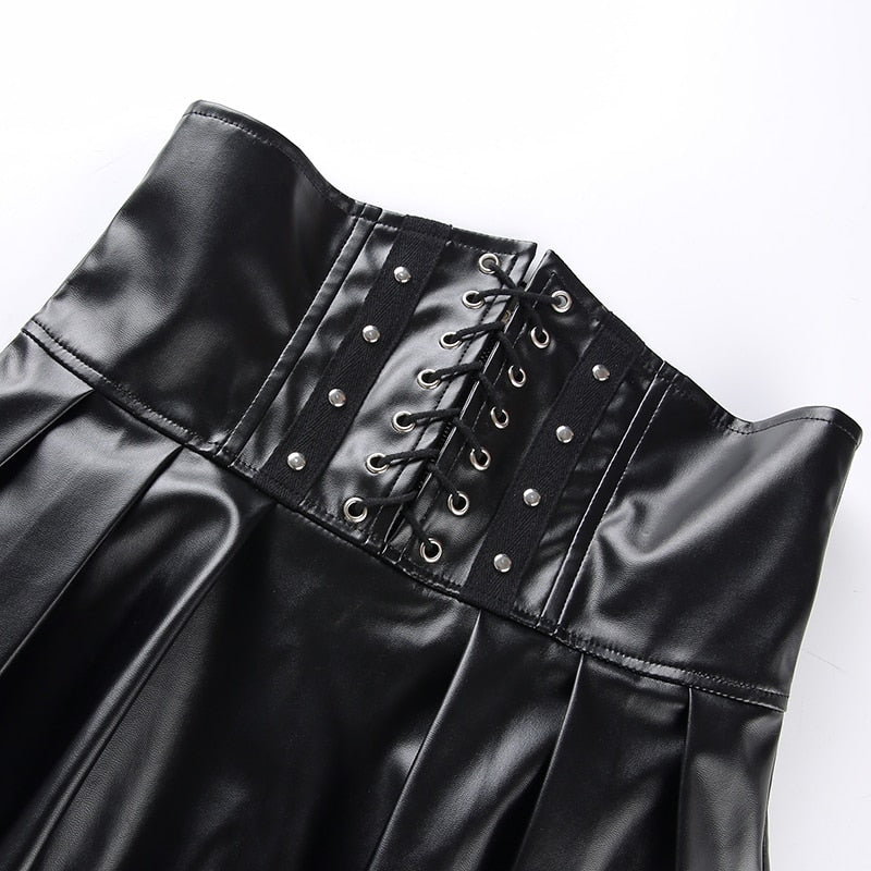 Women's Skirts Bandage Faux Leather Black Mini Pleated Skirts-Skirts-Arimonz-Arimonz