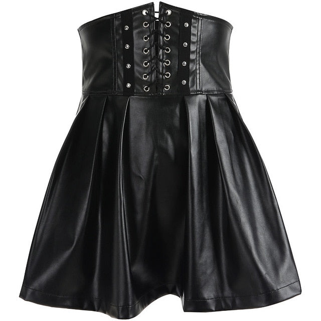 Women's Skirts Bandage Faux Leather Black Mini Pleated Skirts-Skirts-Arimonz-S-Arimonz