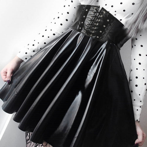 Women's Skirts Bandage Faux Leather Black Mini Pleated Skirts-Skirts-Arimonz-Arimonz