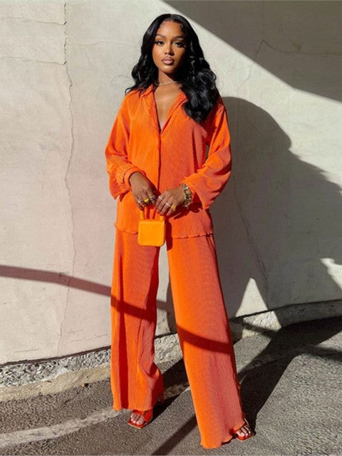 Women's Tracksuit Loose Long Sleeve Shirt Tops and Wide Leg Pants-Matching Sets-Arimonz-Orange-S-Arimonz