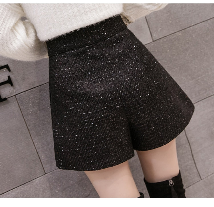 Woolen Shorts Women Solid Pattern High Waist Sequin Tweed Short Pants-Shorts-Arimonz-Arimonz