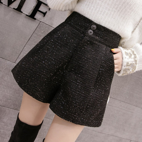 Woolen Shorts Women Solid Pattern High Waist Sequin Tweed Short Pants-Shorts-Arimonz-S-Arimonz