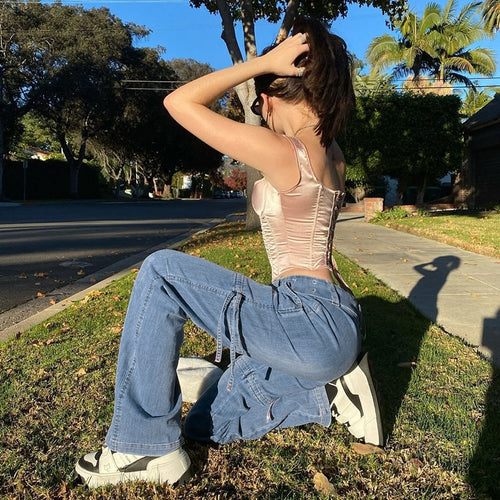 Y2K Jeans Retro Sashes Denim Pants Ruched Drawstring Cargo Pants-Straight Jeans-Arimonz-Arimonz