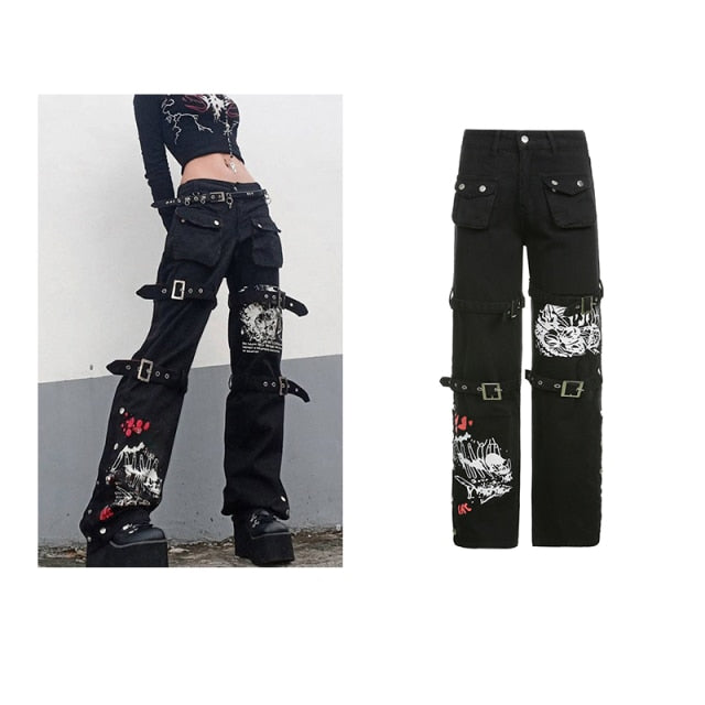 Y2K Jeans Retro Sashes Denim Pants Ruched Drawstring Cargo Pants-Straight Jeans-Arimonz-Black-S-Arimonz