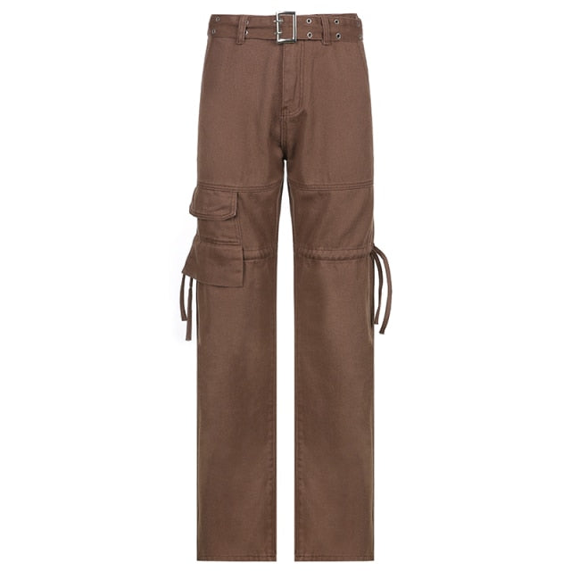 Y2K Jeans Retro Sashes Denim Pants Ruched Drawstring Cargo Pants-Straight Jeans-Arimonz-Brown-S-Arimonz