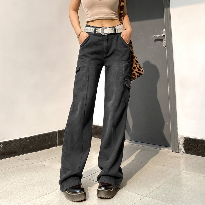 Y2k Jeans Wide Leg Pocket Patchwork Baggy Cargo Pants Oversize Denim-Straight Jeans-Arimonz-Arimonz