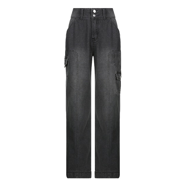 Y2k Jeans Wide Leg Pocket Patchwork Baggy Cargo Pants Oversize Denim-Straight Jeans-Arimonz-black-S-Arimonz