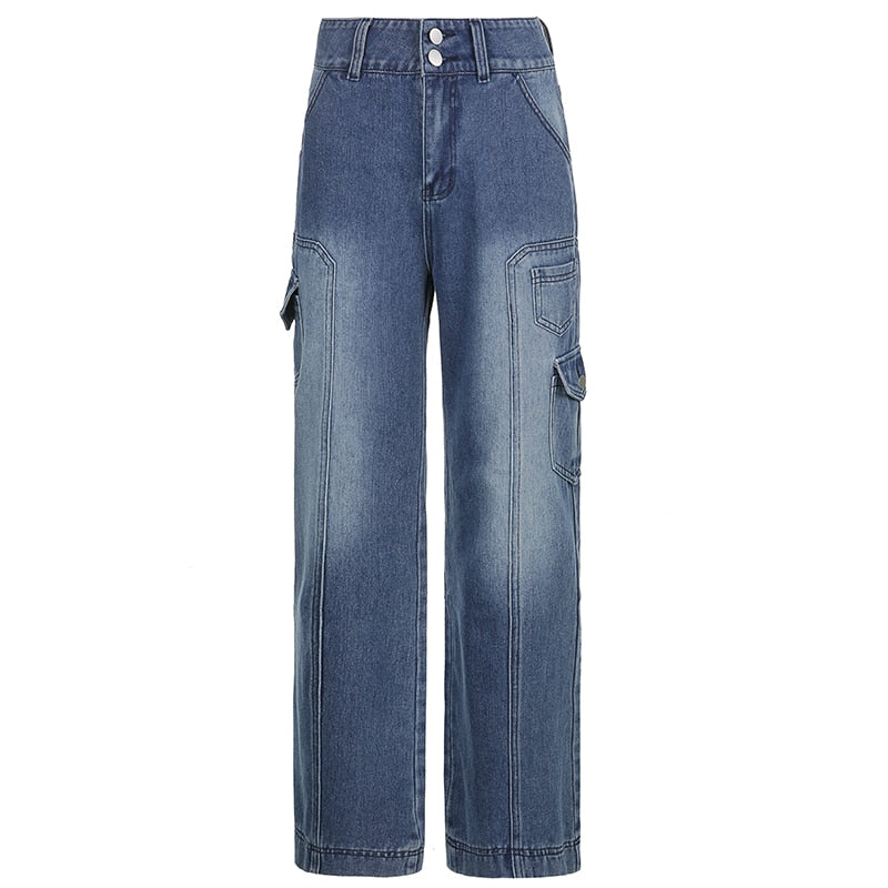 Y2k Jeans Wide Leg Pocket Patchwork Baggy Cargo Pants Oversize Denim-Straight Jeans-Arimonz-Blue-S-Arimonz