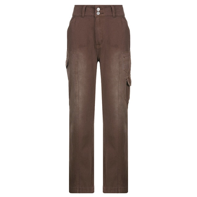 Y2k Jeans Wide Leg Pocket Patchwork Baggy Cargo Pants Oversize Denim-Straight Jeans-Arimonz-Brown-S-Arimonz