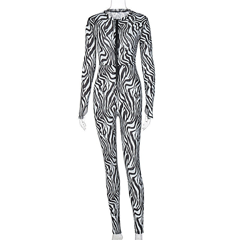 Zebra Print Mesh Zip Up Jumpsuit Women Outfits Stretchy Romper-Night Out Jumpsuits & Rompers-Arimonz-Arimonz