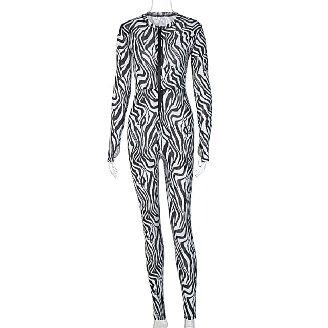 Zebra Print Mesh Zip Up Jumpsuit Women Outfits Stretchy Romper-Night Out Jumpsuits & Rompers-Arimonz-S-Arimonz