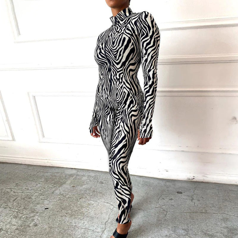 Zebra Print Mesh Zip Up Jumpsuit Women Outfits Stretchy Romper-Night Out Jumpsuits & Rompers-Arimonz-Arimonz