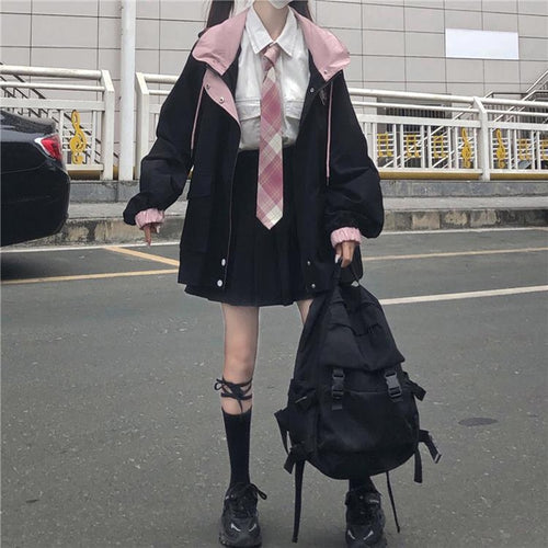 Zipper Pink Woman Jacket Color Matching Winter Clothes Loose Top Coat-Bomber Coats-Arimonz-Arimonz