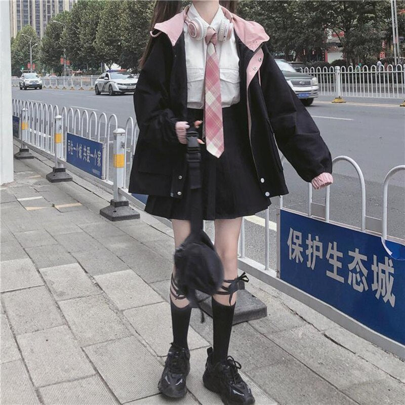 Zipper Pink Woman Jacket Color Matching Winter Clothes Loose Top Coat-Bomber Coats-Arimonz-Arimonz