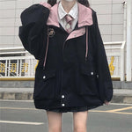 Zipper Pink Woman Jacket Color Matching Winter Clothes Loose Top Coat-Bomber Coats-Arimonz-Arimonz