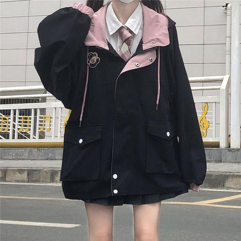 Zipper Pink Woman Jacket Color Matching Winter Clothes Loose Top Coat-Bomber Coats-Arimonz-Arimonz