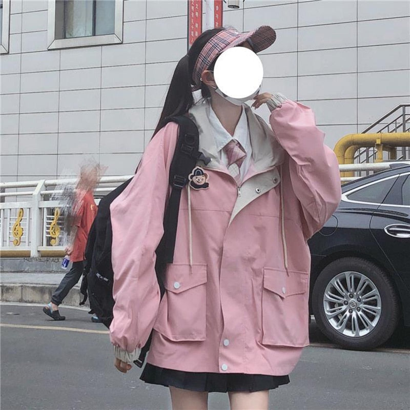 Zipper Pink Woman Jacket Color Matching Winter Clothes Loose Top Coat-Bomber Coats-Arimonz-Arimonz