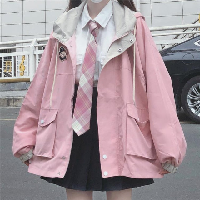 Zipper Pink Woman Jacket Color Matching Winter Clothes Loose Top Coat-Bomber Coats-Arimonz-Pink-S-Arimonz