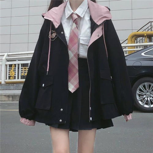 Zipper Pink Woman Jacket Color Matching Winter Clothes Loose Top Coat-Bomber Coats-Arimonz-Arimonz