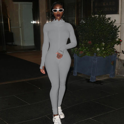 Zipper Turtleneck Jumpsuit Women Full Sleeve Slim Rompers Body Suit-Night Out Jumpsuits & Rompers-Arimonz-Arimonz