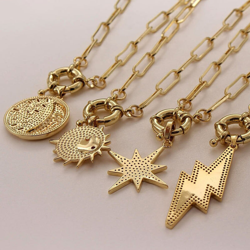 Zircon Lightning Moon Star Pendant Necklace Chunky Chain Necklace-Necklaces-Arimonz-Arimonz