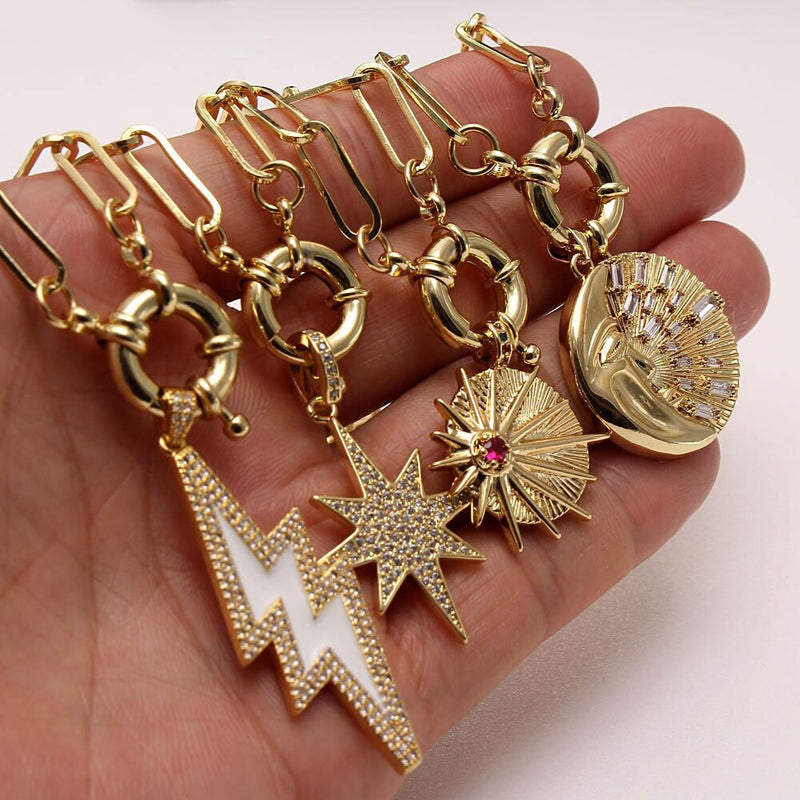 Zircon Lightning Moon Star Pendant Necklace Chunky Chain Necklace-Necklaces-Arimonz-Arimonz