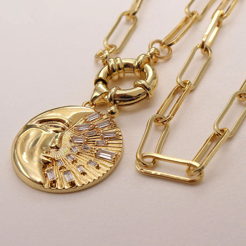 Zircon Lightning Moon Star Pendant Necklace Chunky Chain Necklace-Necklaces-Arimonz-Full Moon Zircon-Arimonz
