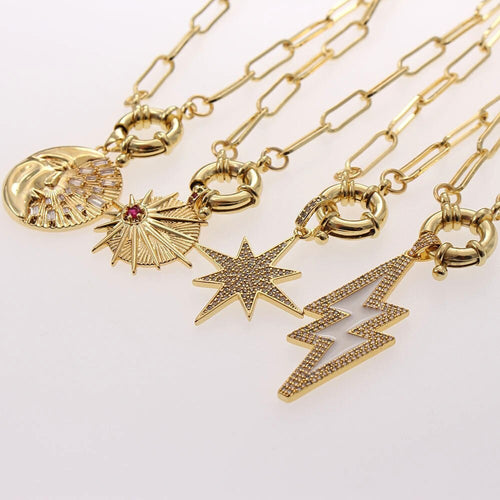 Zircon Lightning Moon Star Pendant Necklace Chunky Chain Necklace-Necklaces-Arimonz-Arimonz