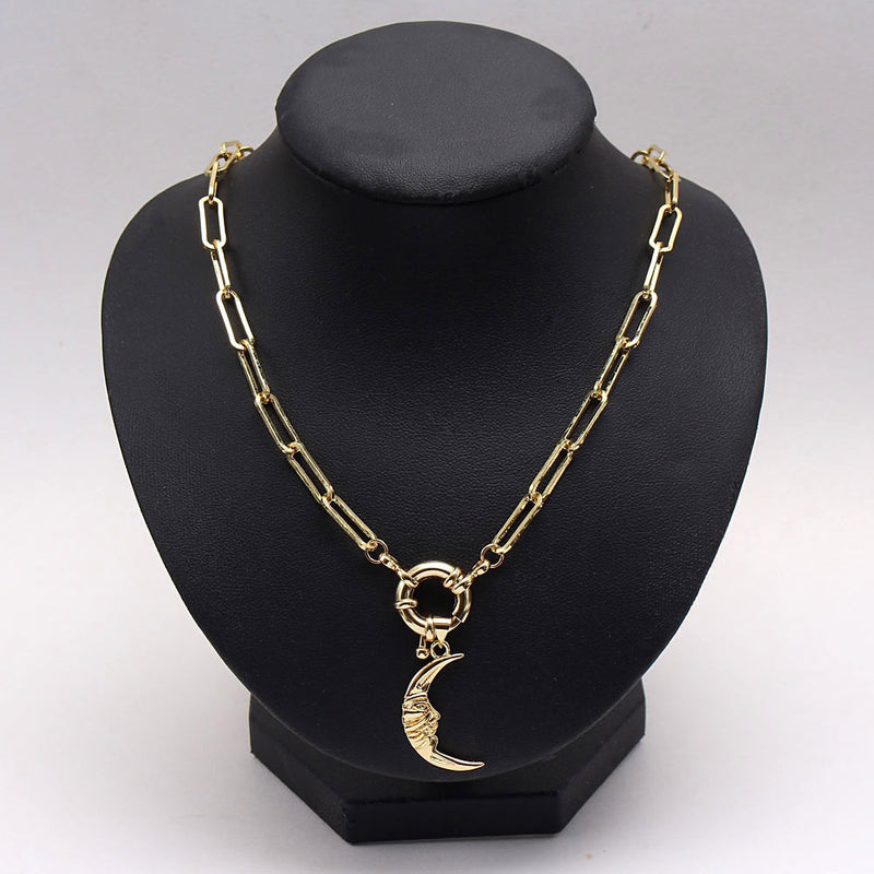Zircon Moon Pendant Necklace Unique Design Chunky Chain Necklace-Necklaces-Arimonz-Gold Half Moon-Arimonz